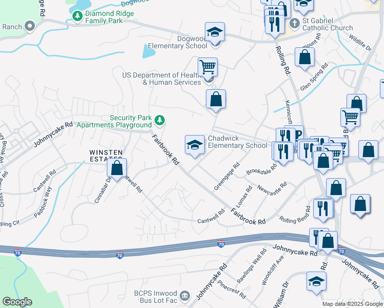 map of restaurants, bars, coffee shops, grocery stores, and more near 1918 Winder Road in Woodlawn