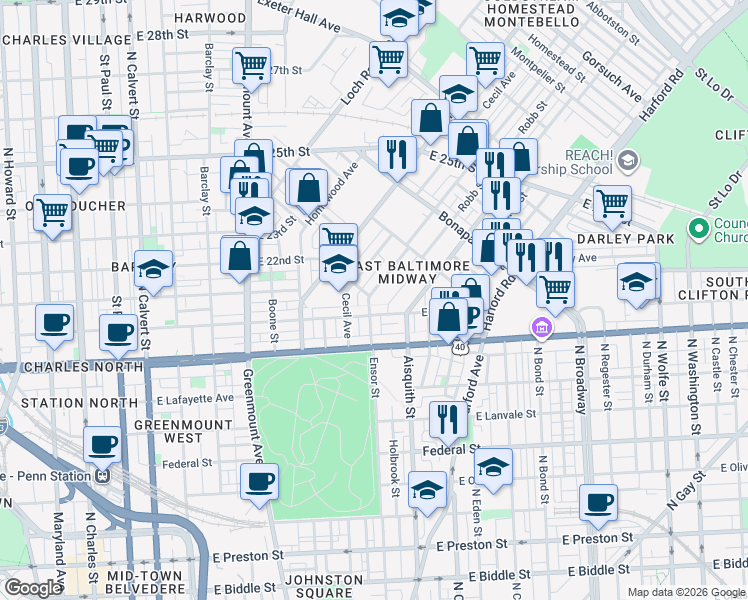 map of restaurants, bars, coffee shops, grocery stores, and more near 2005 Kennedy Avenue in Baltimore