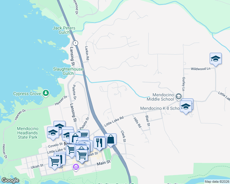 map of restaurants, bars, coffee shops, grocery stores, and more near 44068 Ocean Vista Court in Mendocino