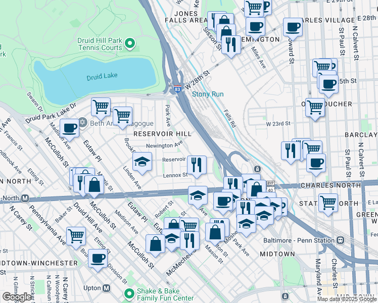 map of restaurants, bars, coffee shops, grocery stores, and more near 1111 Park Avenue in Baltimore