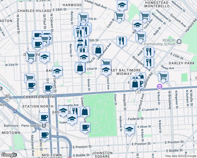 map of restaurants, bars, coffee shops, grocery stores, and more near 2101 Kirk Avenue in Baltimore