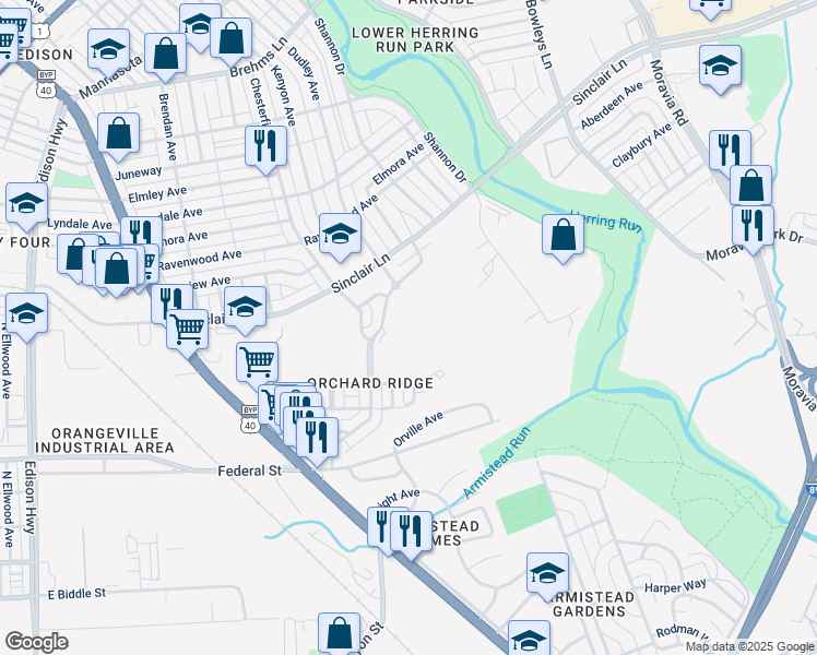 map of restaurants, bars, coffee shops, grocery stores, and more near 4047 Sinclair Lane in Baltimore