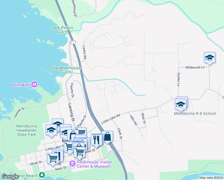 map of restaurants, bars, coffee shops, grocery stores, and more near 44068 Ocean Vista Court in Mendocino