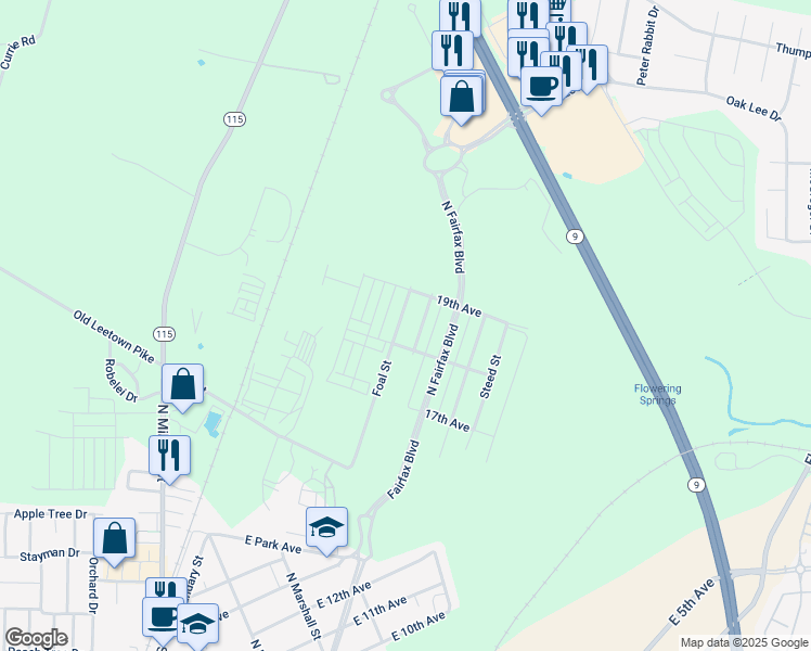 map of restaurants, bars, coffee shops, grocery stores, and more near 1326 Foal Street in Ranson
