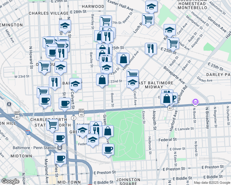 map of restaurants, bars, coffee shops, grocery stores, and more near 713 East 21st Street in Baltimore