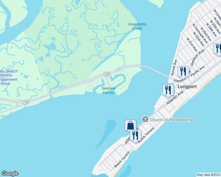 map of restaurants, bars, coffee shops, grocery stores, and more near 34 Sunset Boulevard in Longport