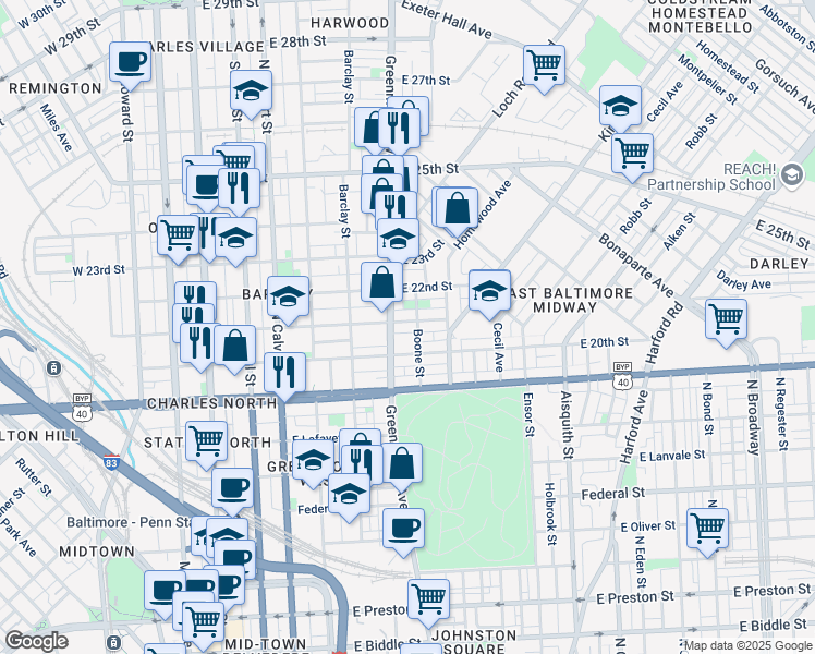 map of restaurants, bars, coffee shops, grocery stores, and more near 523 East 21st Street in Baltimore