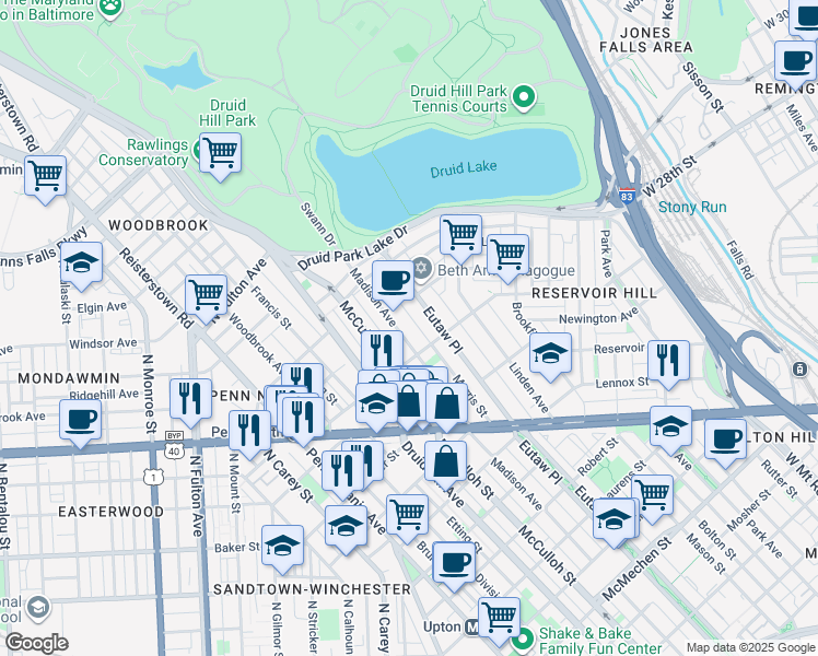 map of restaurants, bars, coffee shops, grocery stores, and more near 2425 Madison Avenue in Baltimore