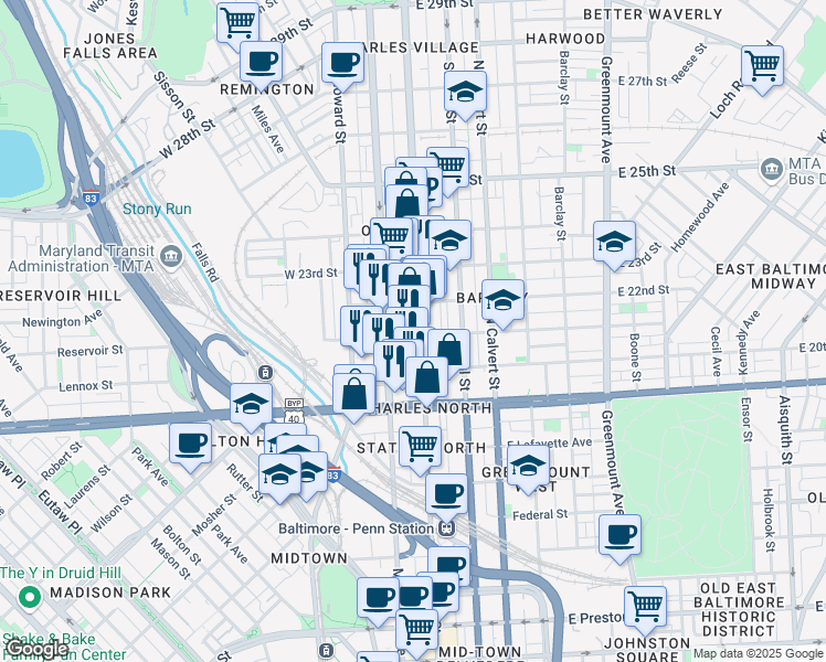 map of restaurants, bars, coffee shops, grocery stores, and more near 2102 North Charles Street in Baltimore