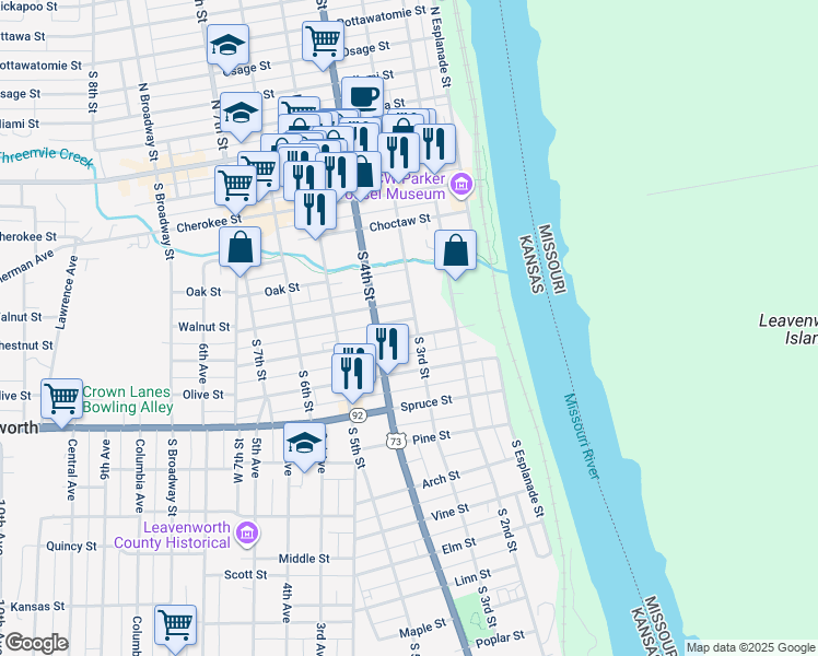 map of restaurants, bars, coffee shops, grocery stores, and more near 608 South 3rd Street in Leavenworth