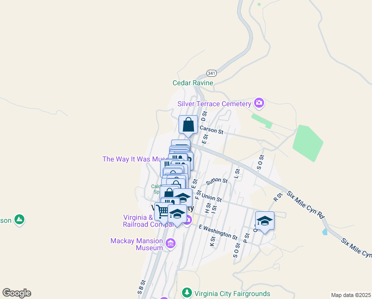 map of restaurants, bars, coffee shops, grocery stores, and more near 174 C Street in Virginia City