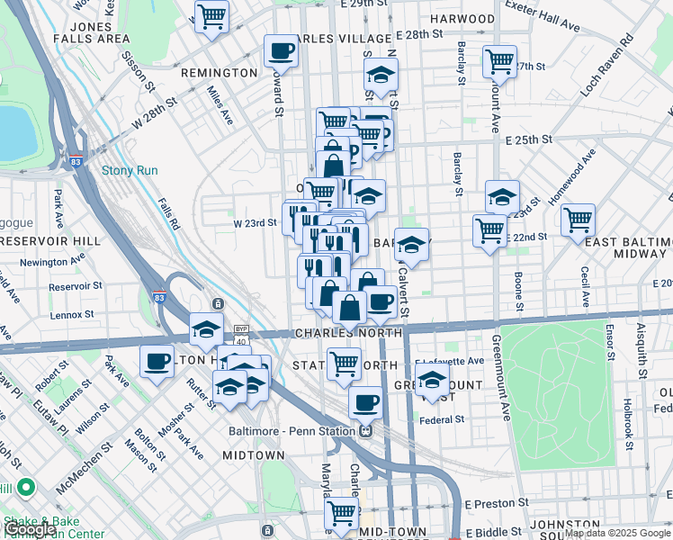 map of restaurants, bars, coffee shops, grocery stores, and more near 2102 North Charles Street in Baltimore
