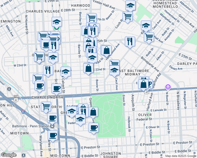 map of restaurants, bars, coffee shops, grocery stores, and more near 705 East 21st Street in Baltimore