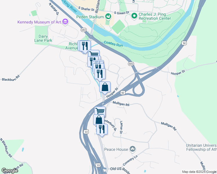 map of restaurants, bars, coffee shops, grocery stores, and more near 7 Atlantic Street in Athens