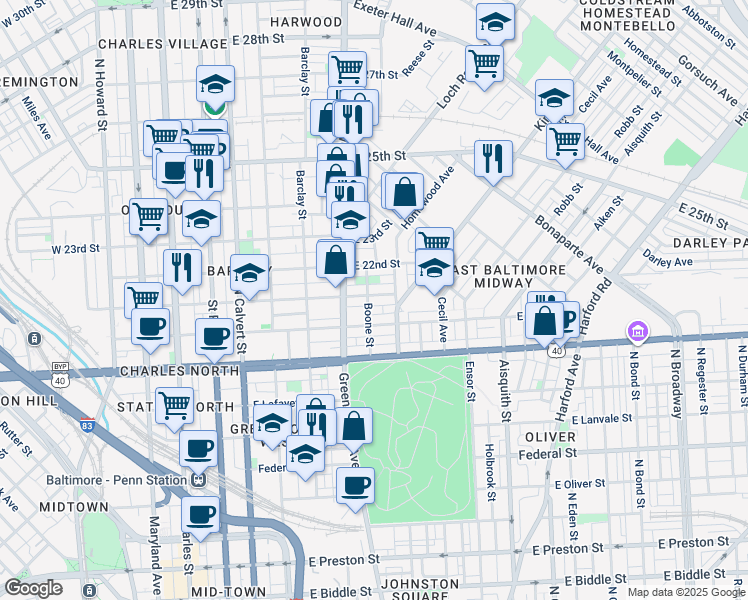map of restaurants, bars, coffee shops, grocery stores, and more near 705 East 21st Street in Baltimore