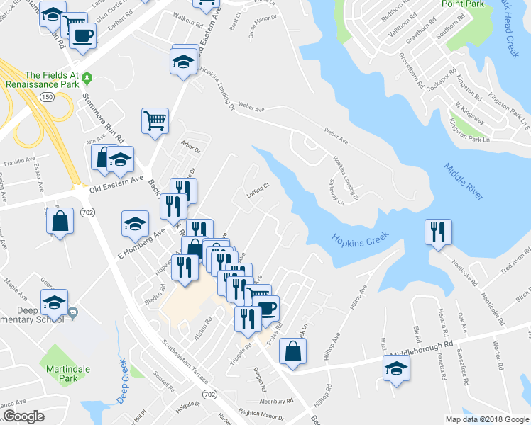 map of restaurants, bars, coffee shops, grocery stores, and more near 6 Helmsman Court in Essex