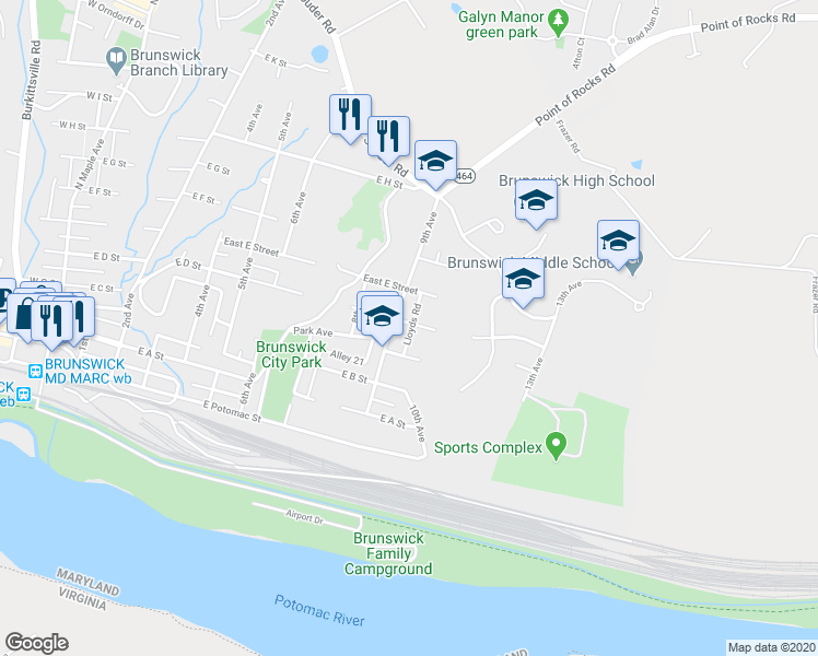map of restaurants, bars, coffee shops, grocery stores, and more near 224 9th Avenue in Brunswick