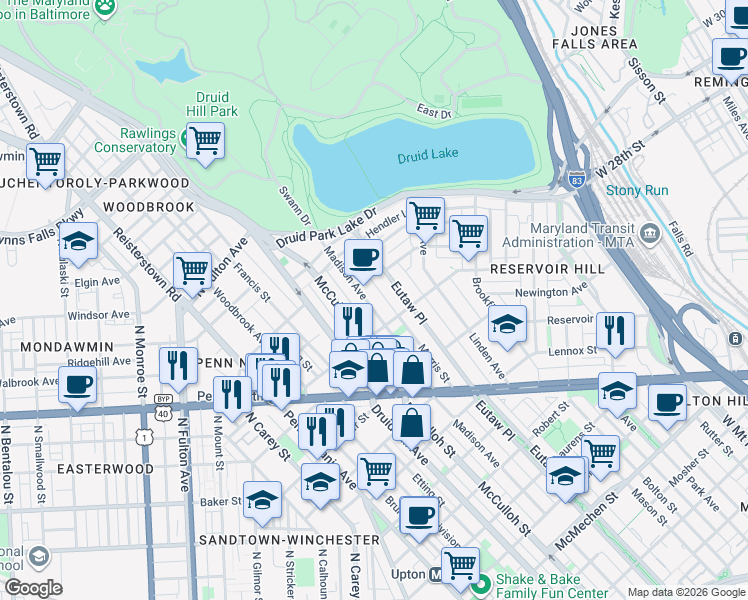 map of restaurants, bars, coffee shops, grocery stores, and more near 2429 Madison Avenue in Baltimore