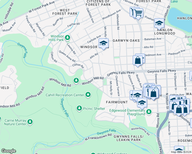 map of restaurants, bars, coffee shops, grocery stores, and more near 2301 Monticello Road in Baltimore