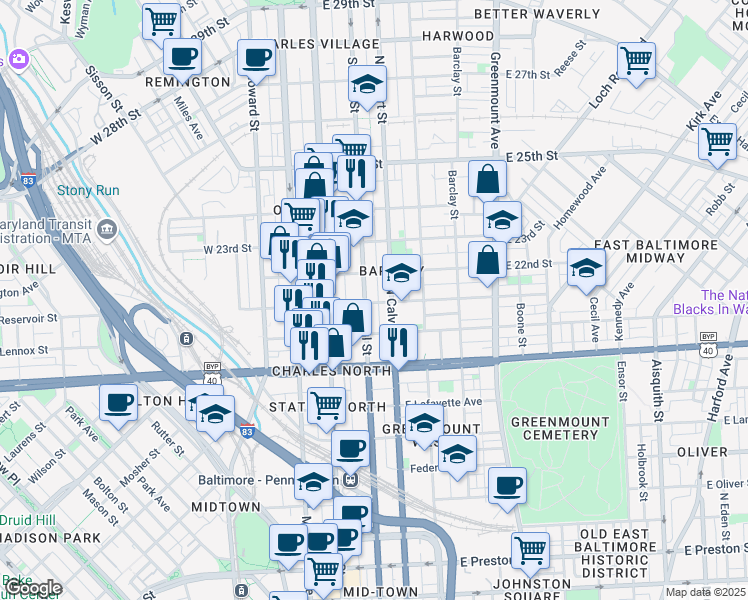 map of restaurants, bars, coffee shops, grocery stores, and more near 2101 Saint Paul Street in Baltimore
