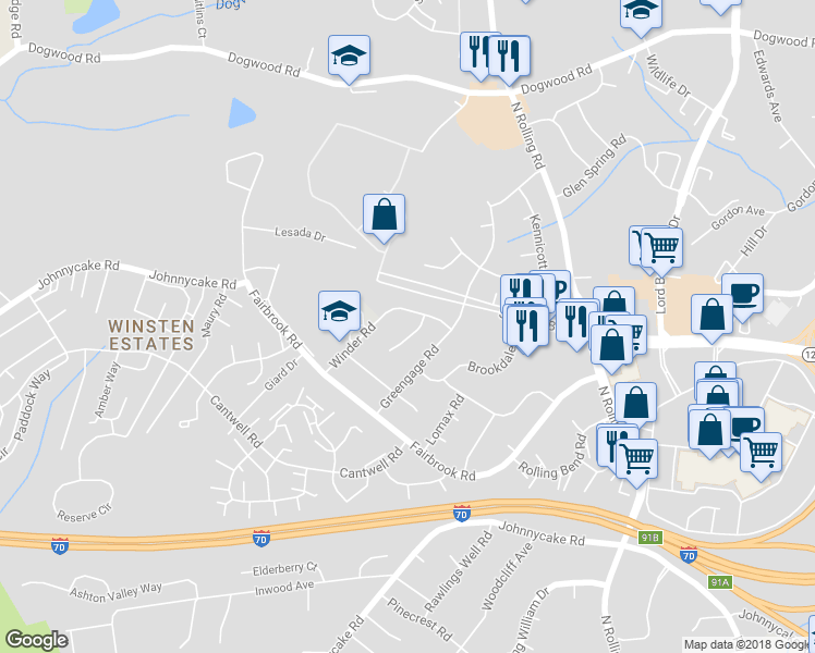 map of restaurants, bars, coffee shops, grocery stores, and more near 1918 Calais Court in Woodlawn