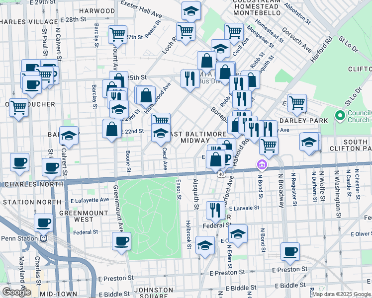 map of restaurants, bars, coffee shops, grocery stores, and more near 2014 Robb Street in Baltimore