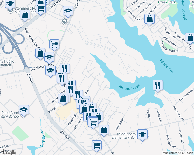map of restaurants, bars, coffee shops, grocery stores, and more near 1 Helmsman Court in Essex