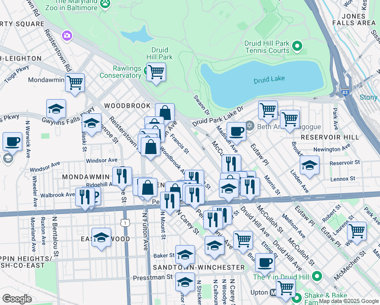 map of restaurants, bars, coffee shops, grocery stores, and more near 2537 Francis Street in Baltimore