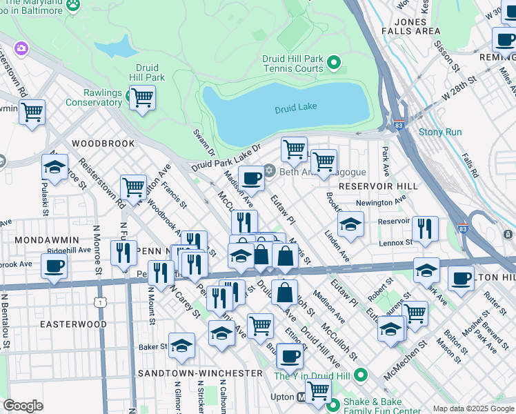 map of restaurants, bars, coffee shops, grocery stores, and more near 2431 Madison Avenue in Baltimore