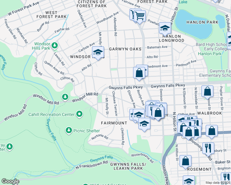 map of restaurants, bars, coffee shops, grocery stores, and more near 2207 Chelsea Terrace in Baltimore