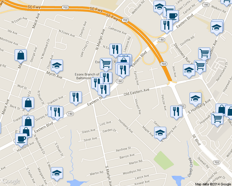map of restaurants, bars, coffee shops, grocery stores, and more near 1030 Old Eastern Ave in Essex