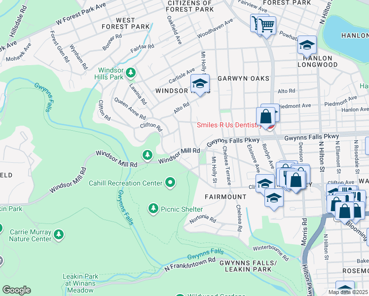 map of restaurants, bars, coffee shops, grocery stores, and more near 2301 Monticello Road in Baltimore