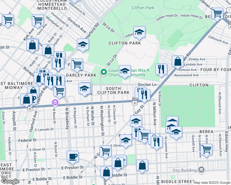 map of restaurants, bars, coffee shops, grocery stores, and more near 2105 Cliftwood Avenue in Baltimore