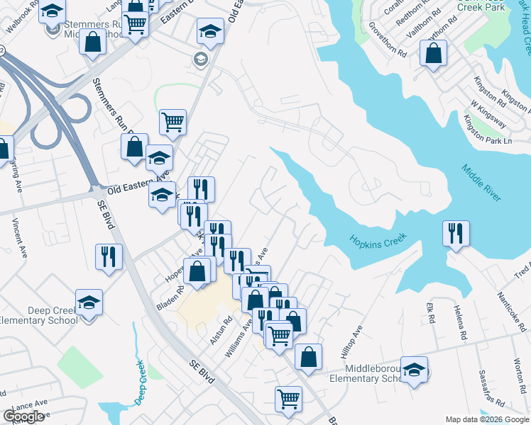 map of restaurants, bars, coffee shops, grocery stores, and more near 1628 Howard Avenue in Essex