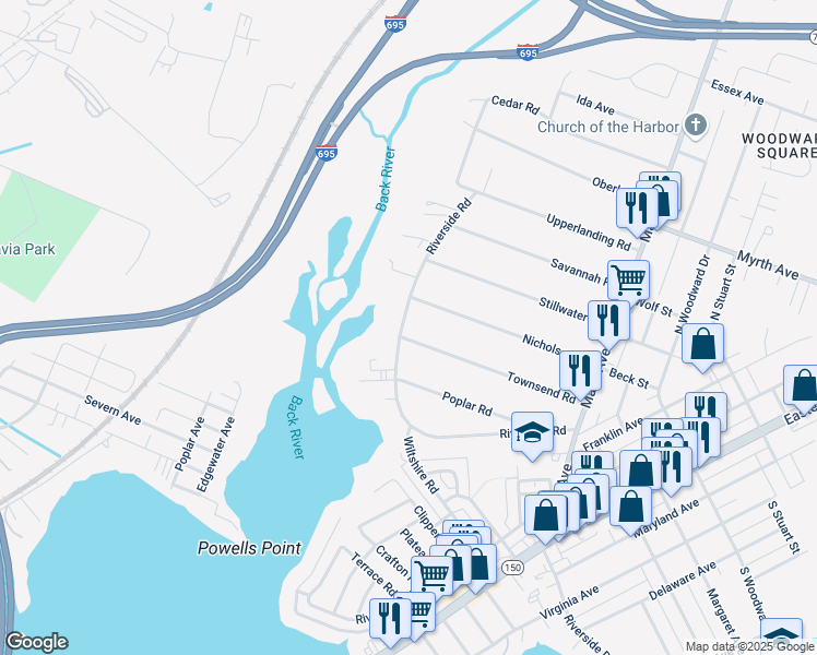 map of restaurants, bars, coffee shops, grocery stores, and more near 303 Riverside Road in Essex