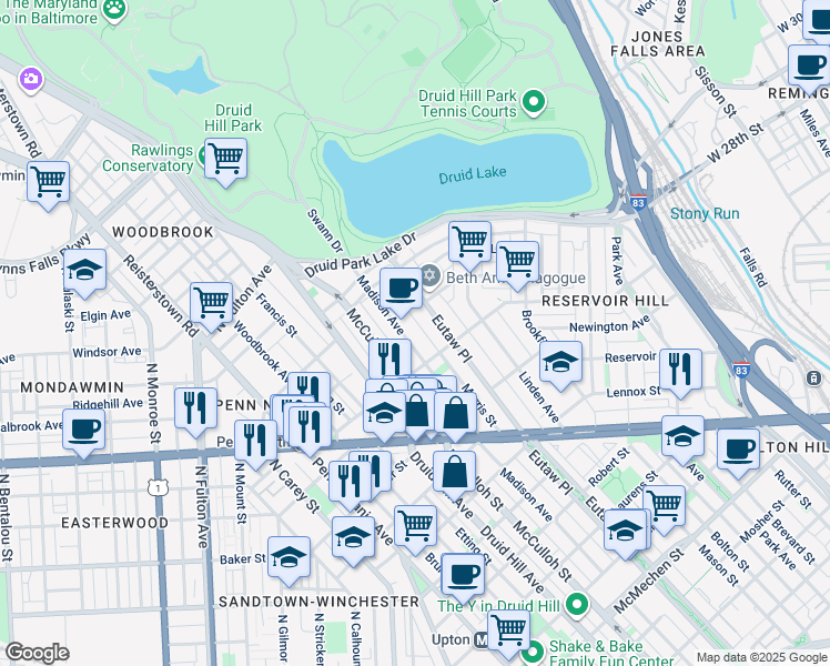 map of restaurants, bars, coffee shops, grocery stores, and more near 2429 Madison Avenue in Baltimore