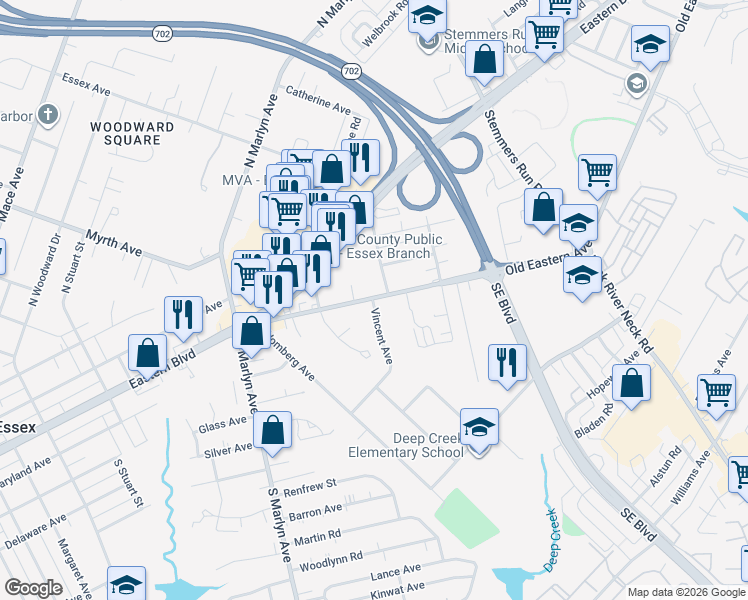 map of restaurants, bars, coffee shops, grocery stores, and more near 3 Vincent Avenue in Essex