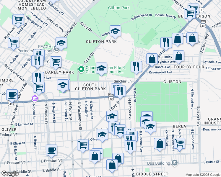 map of restaurants, bars, coffee shops, grocery stores, and more near 1933 North Patterson Park Avenue in Baltimore