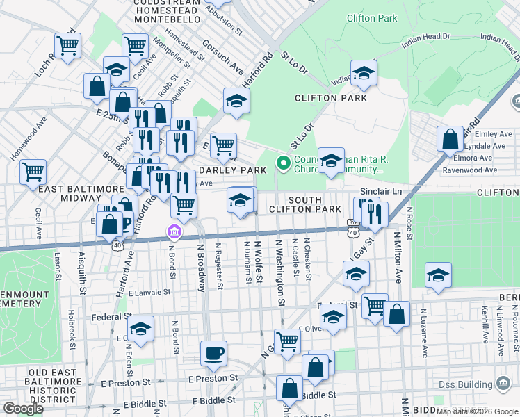 map of restaurants, bars, coffee shops, grocery stores, and more near 2005 North Wolfe Street in Baltimore