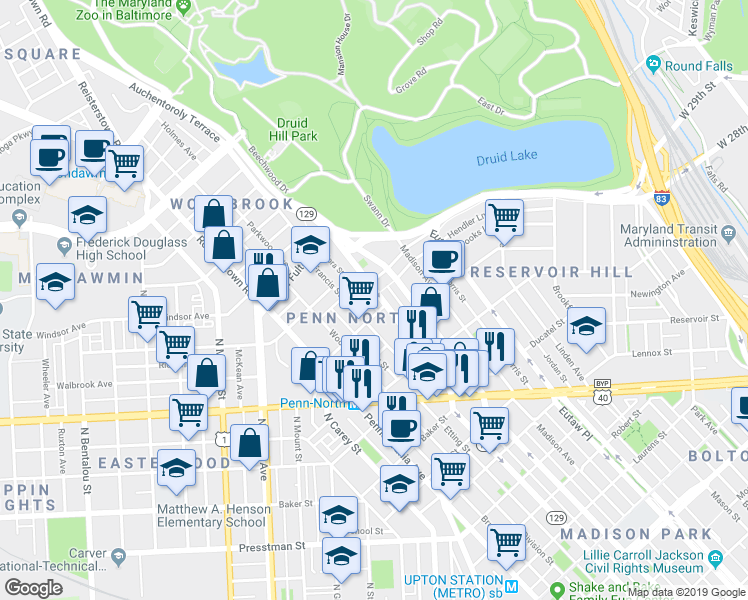 map of restaurants, bars, coffee shops, grocery stores, and more near 2514 Druid Hill Avenue in Baltimore