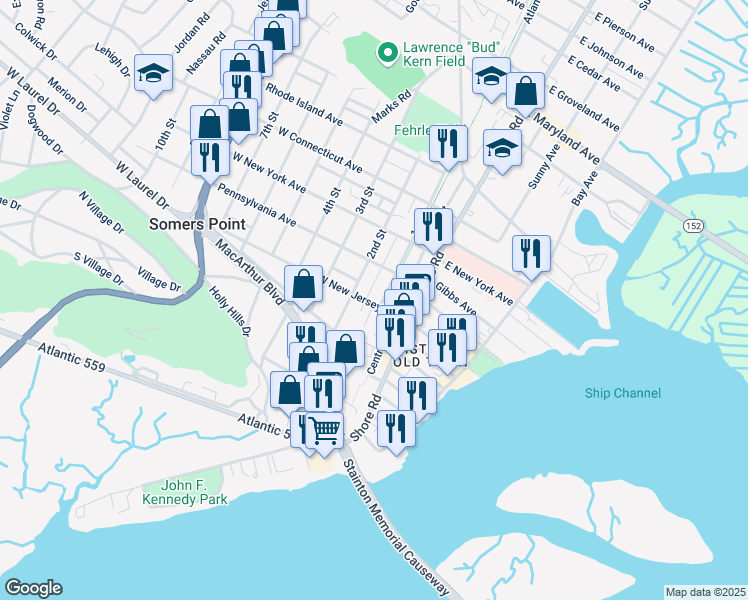 map of restaurants, bars, coffee shops, grocery stores, and more near 105 West New Jersey Avenue in Somers Point