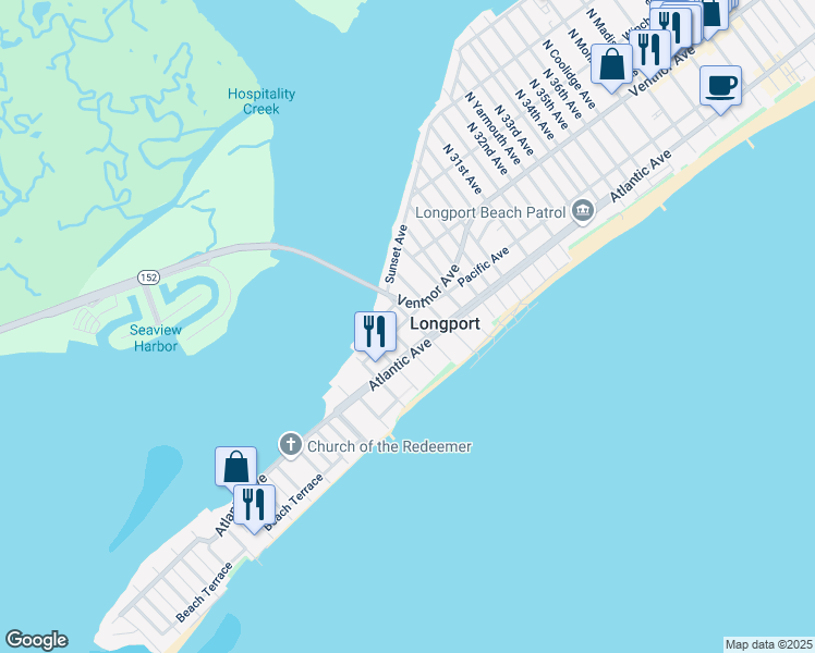 map of restaurants, bars, coffee shops, grocery stores, and more near 2604 Oberon Avenue in Longport