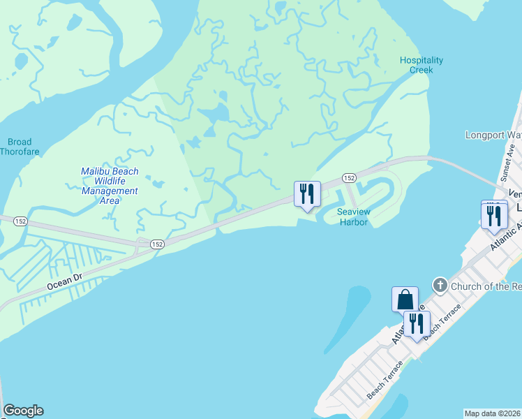 map of restaurants, bars, coffee shops, grocery stores, and more near Somers Point Longport Boulevard in Longport