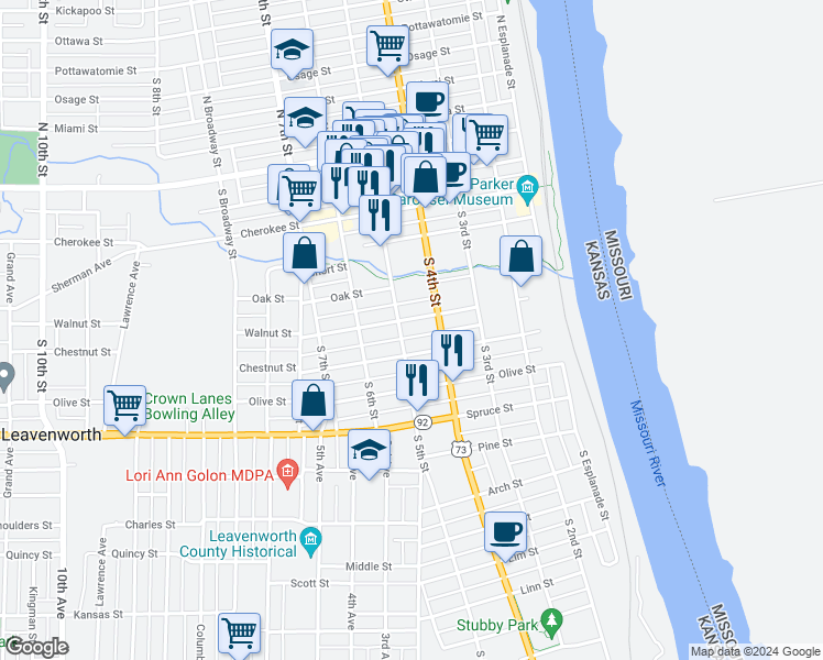 map of restaurants, bars, coffee shops, grocery stores, and more near 601 South 5th Street in Leavenworth