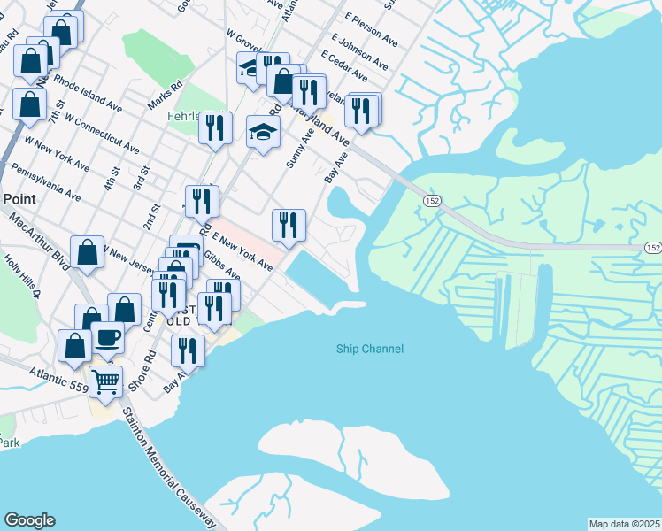 map of restaurants, bars, coffee shops, grocery stores, and more near 1209 Merit Marine Road in Somers Point