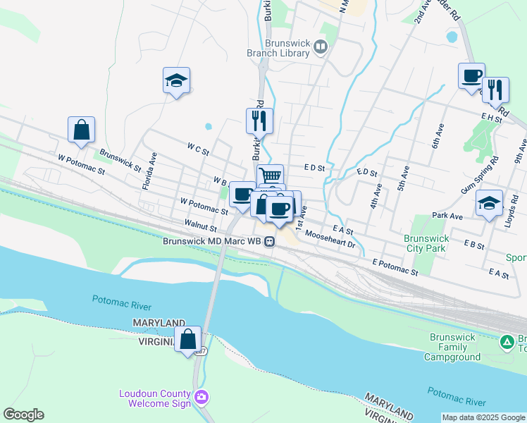 map of restaurants, bars, coffee shops, grocery stores, and more near 10 North Maryland Avenue in Brunswick