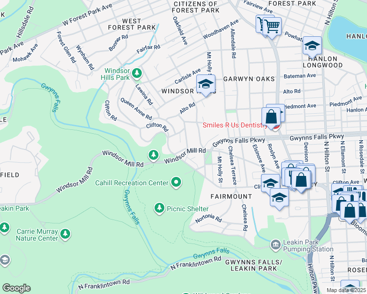 map of restaurants, bars, coffee shops, grocery stores, and more near 2300 Monticello Road in Baltimore