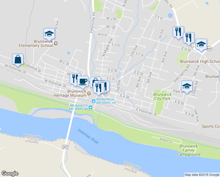 map of restaurants, bars, coffee shops, grocery stores, and more near 108 1st Avenue in Brunswick