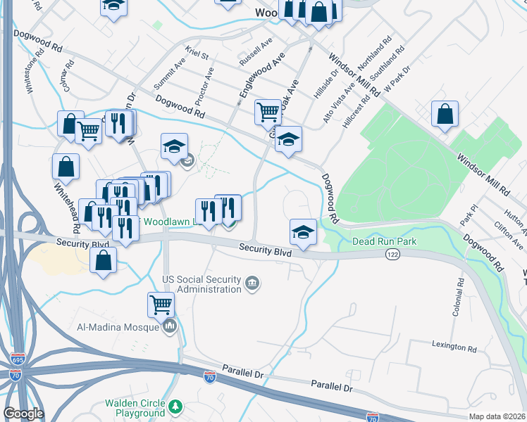 map of restaurants, bars, coffee shops, grocery stores, and more near 1715 Gwynn Oak Avenue in Woodlawn