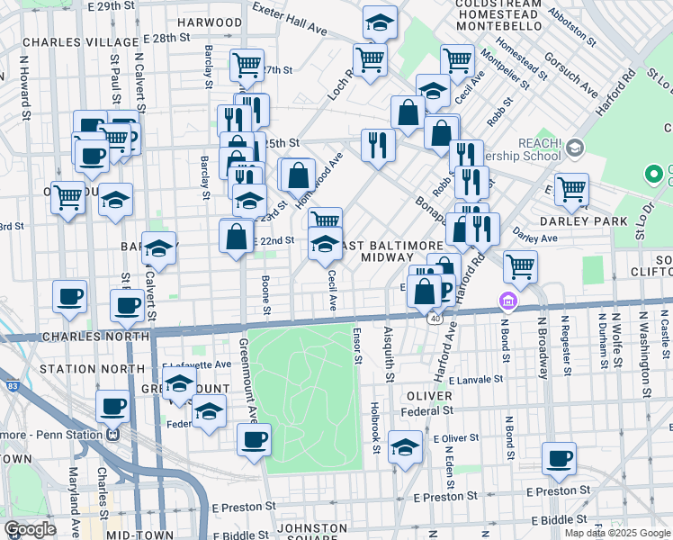 map of restaurants, bars, coffee shops, grocery stores, and more near 2019 Cecil Avenue in Baltimore